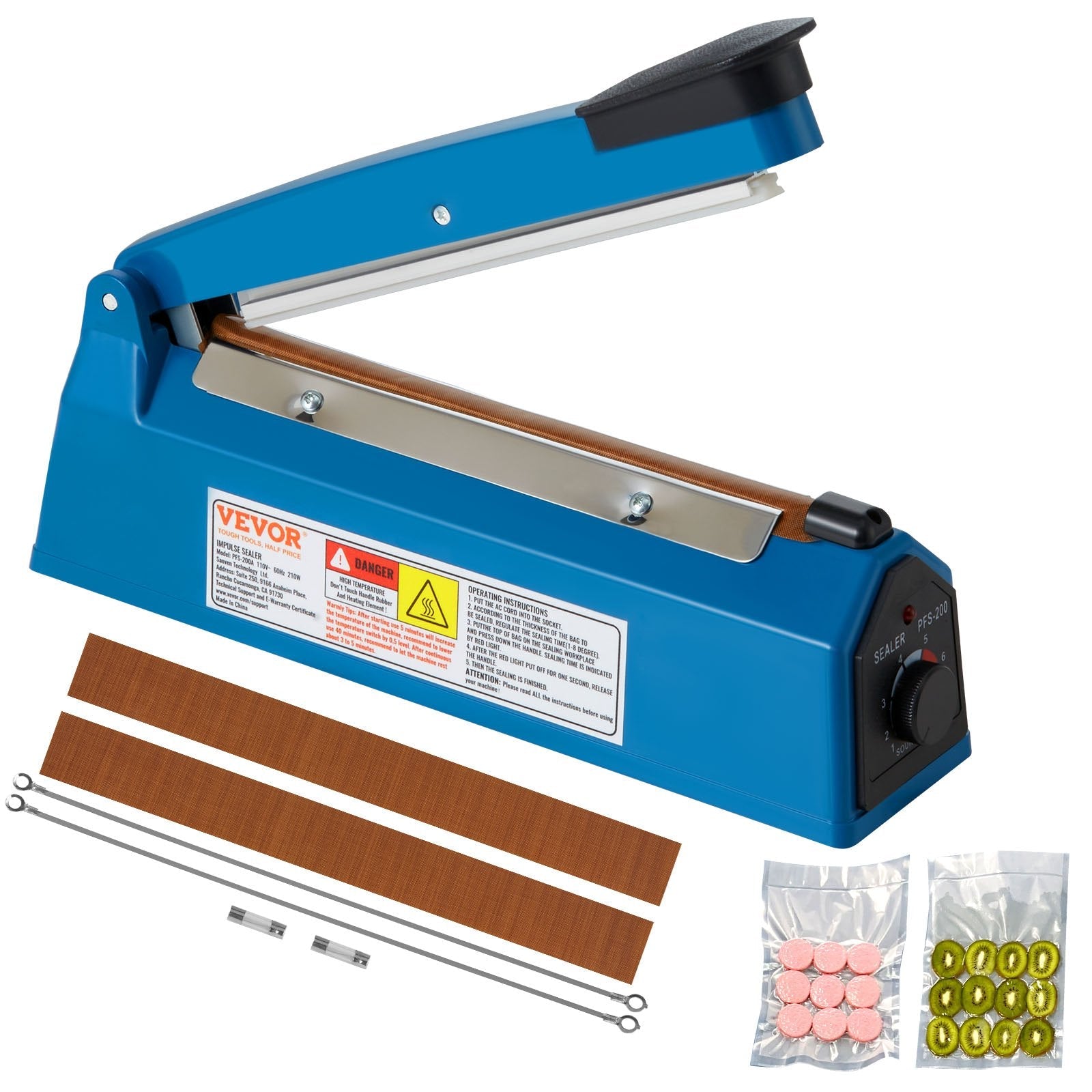 VEVOR Impulse Sealer 8 inch, Manual Heat Seal Machine with Adjustable Heating Mode, ABS Shrink Wrap Bag Sealers for Plastic Mylar PE PP Bags, Portable Poly Bag Sealing Machine with Extra Replace Kit 