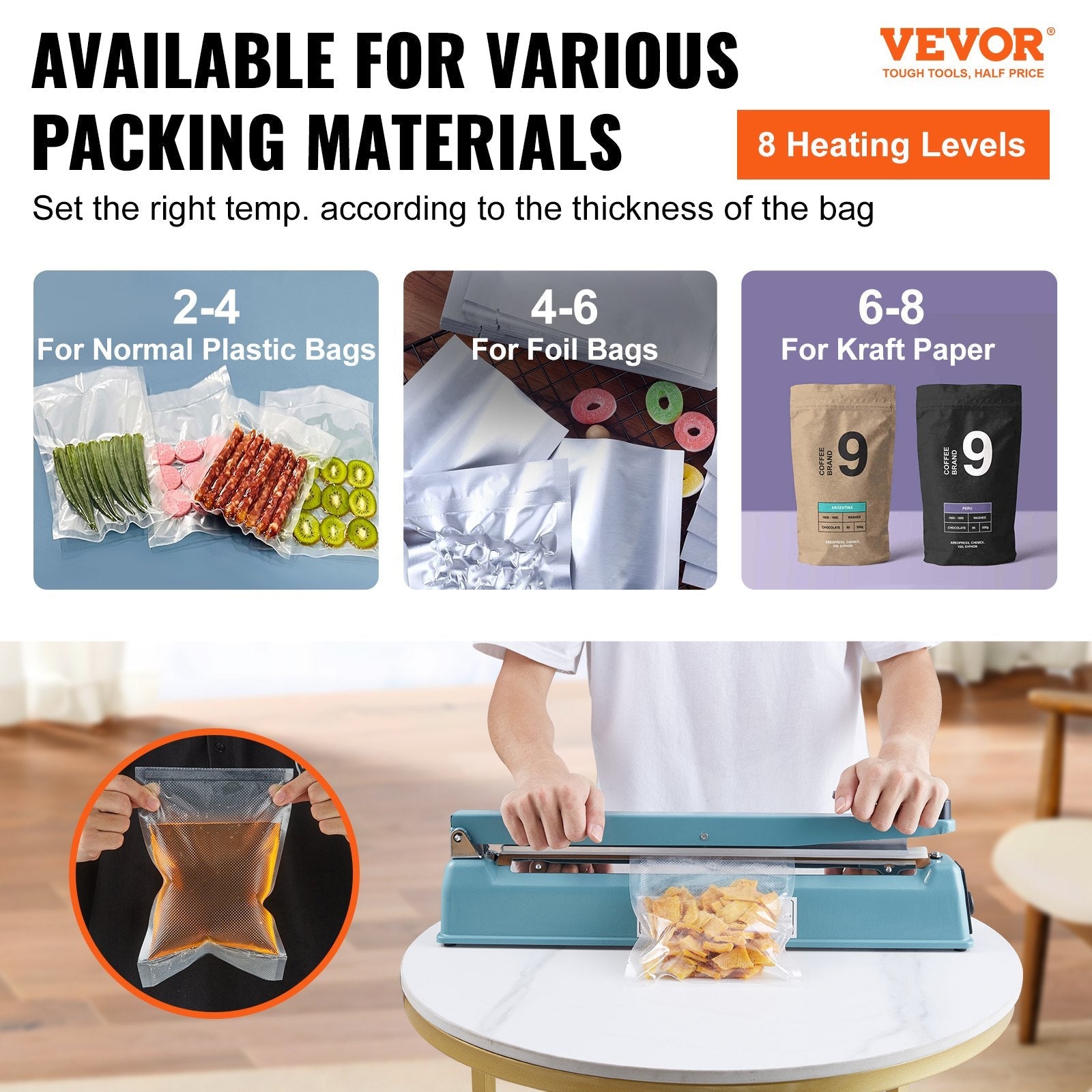 VEVOR Impulse Sealer 16 inch, Manual Heat Seal Machine with Adjustable Heating Mode, Iron Shrink Wrap Bag Sealers for Plastic Mylar PE PP Bags, Portable Poly Bag Sealing Machine with Extra Replace Kit 