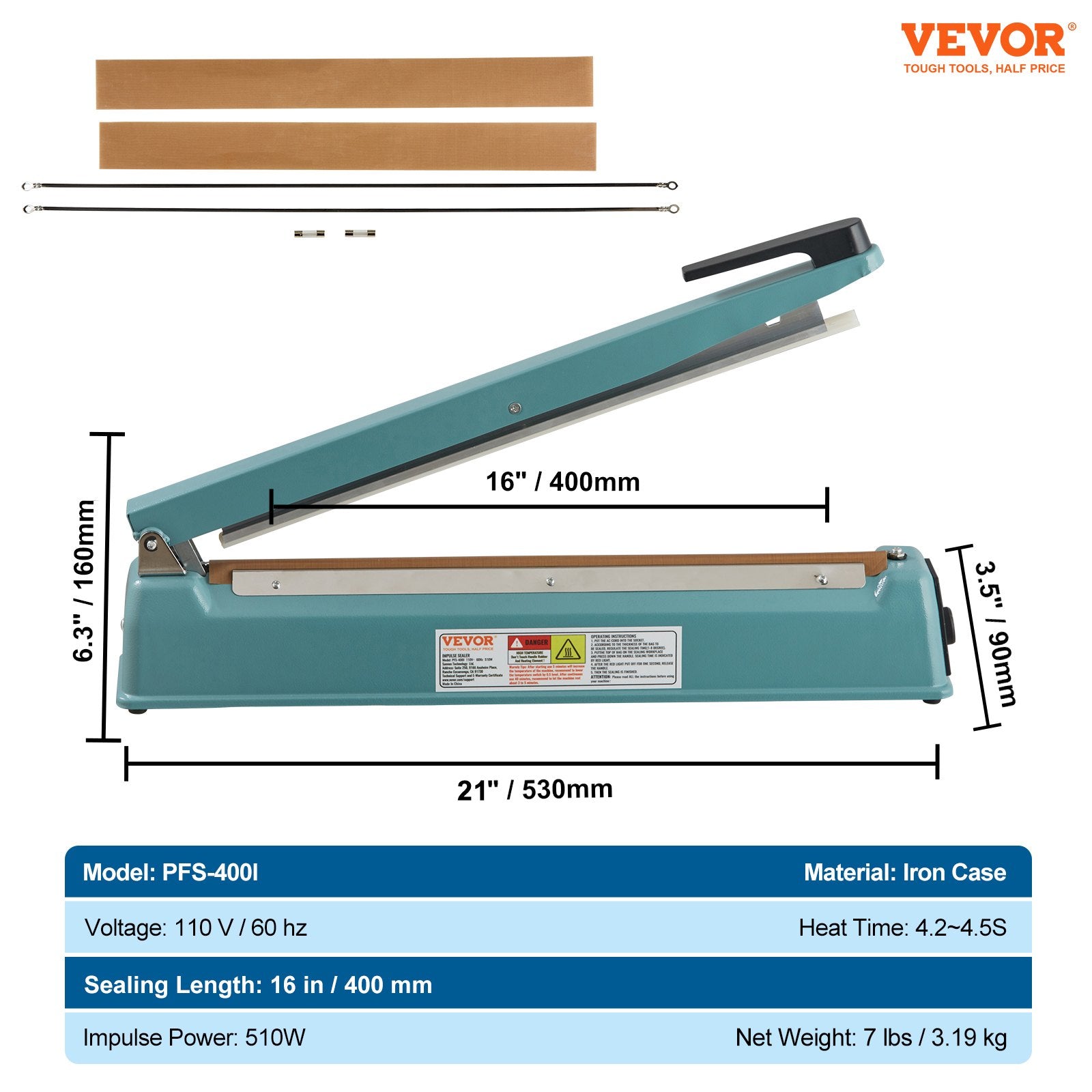VEVOR Impulse Sealer 16 inch, Manual Heat Seal Machine with Adjustable Heating Mode, Iron Shrink Wrap Bag Sealers for Plastic Mylar PE PP Bags, Portable Poly Bag Sealing Machine with Extra Replace Kit 