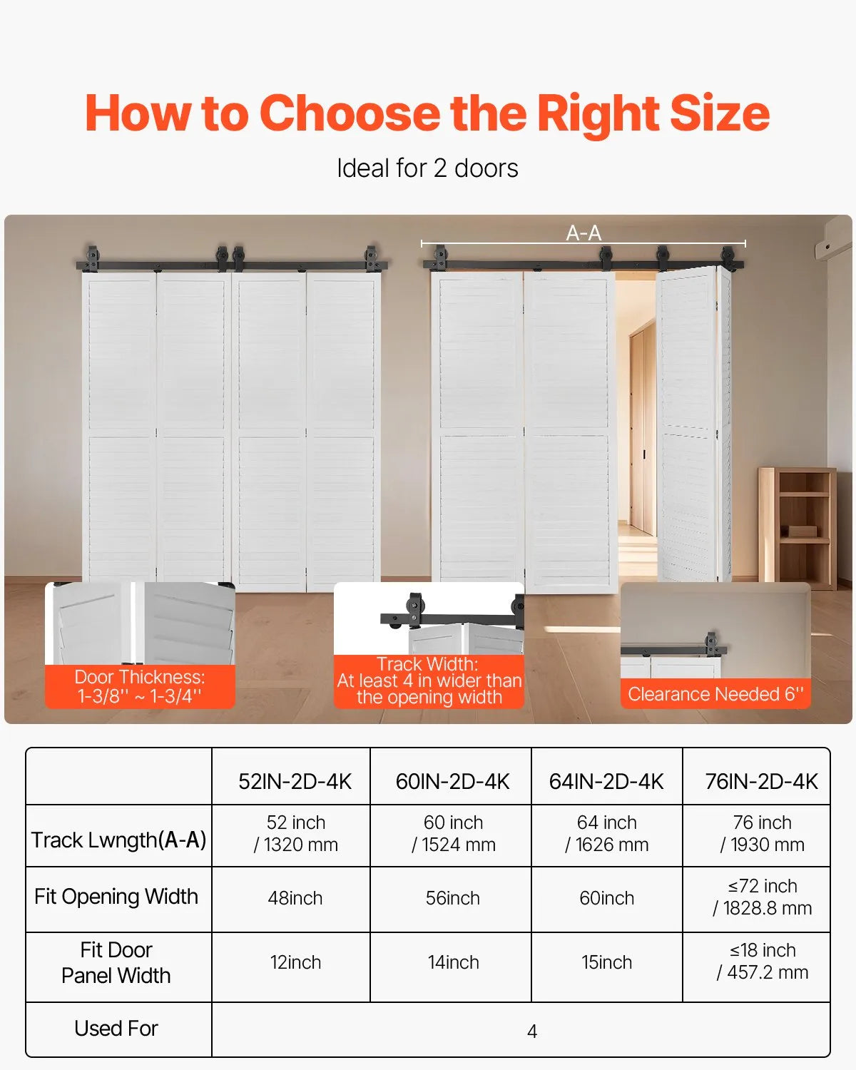VEVOR Bi-Folding Sliding Barn Door Hardware Track Kit 64" for Four 15" Doors