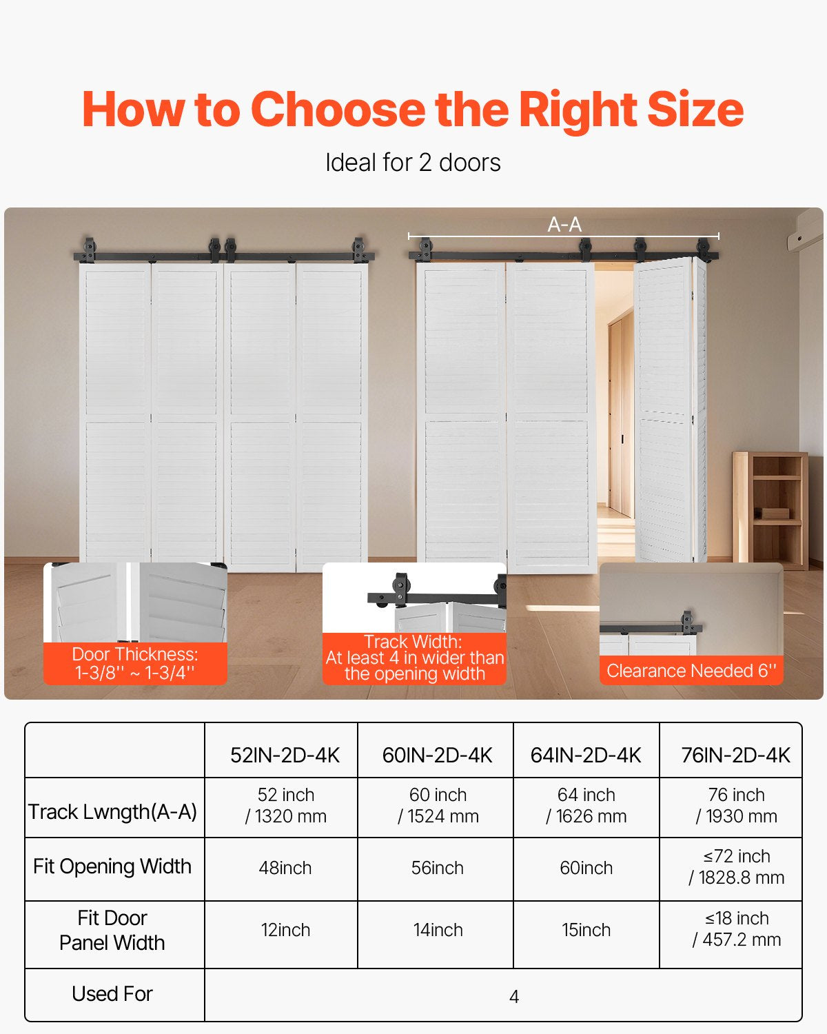 VEVOR Bi-Folding Sliding Barn Door Hardware Track Kit 52" for Four 12" Doors 