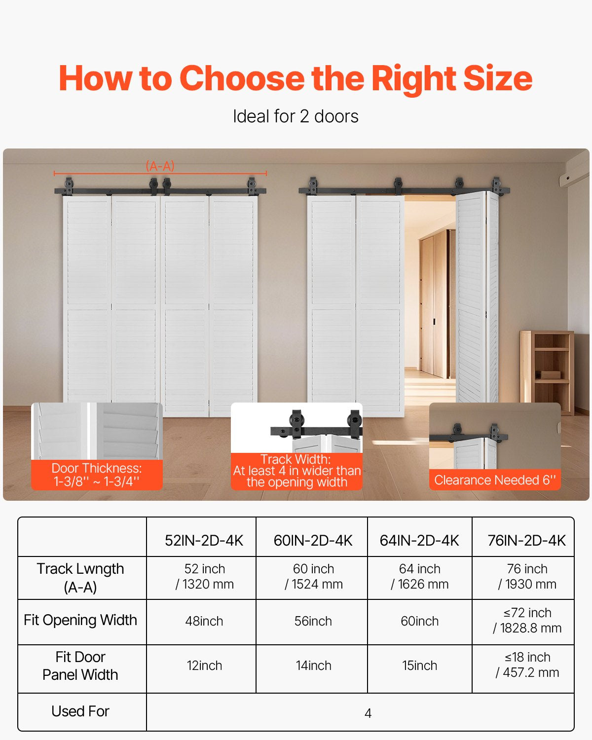 VEVOR Bi-Folding Sliding Barn Door Hardware Track Kit 60" for Four 14" Doors 