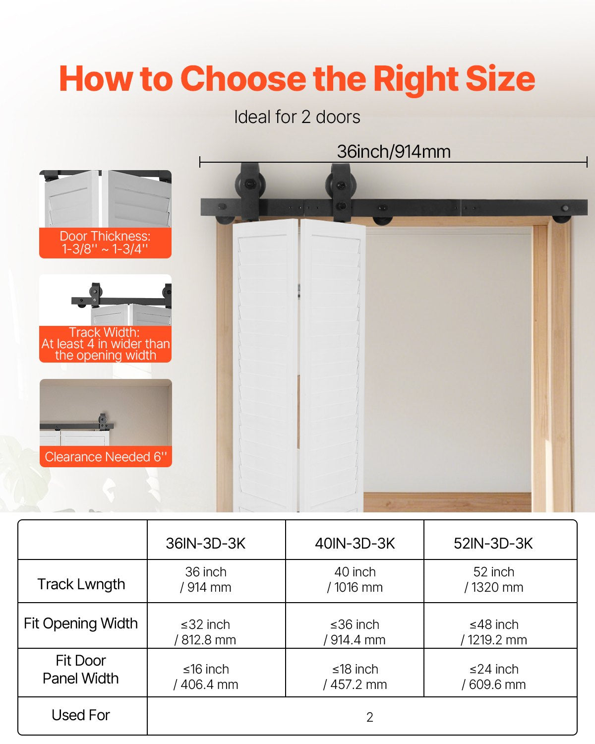 VEVOR Bi-Folding Sliding Barn Door Hardware Track Kit 36" for Two 16" Doors 