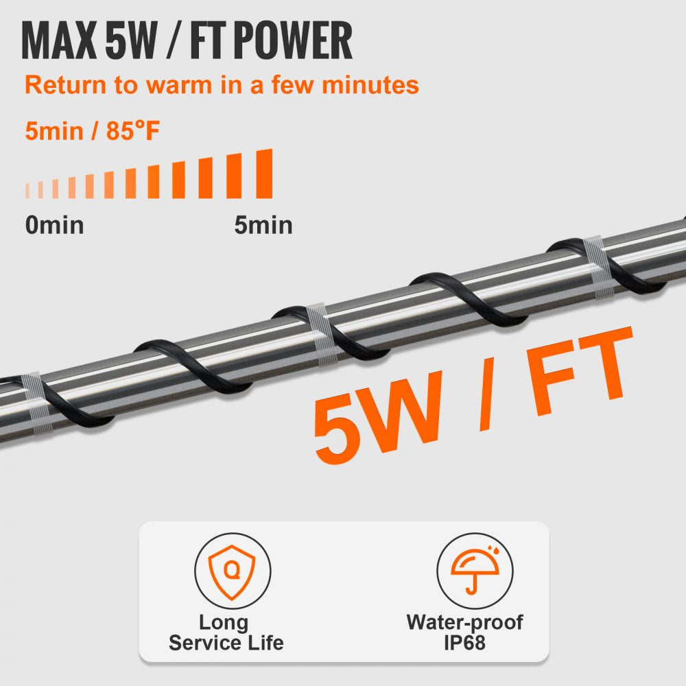 VEVOR Self-Regulating Pipe Heating Cable 40FT 5W/FT Heat Tape with Thermostat 