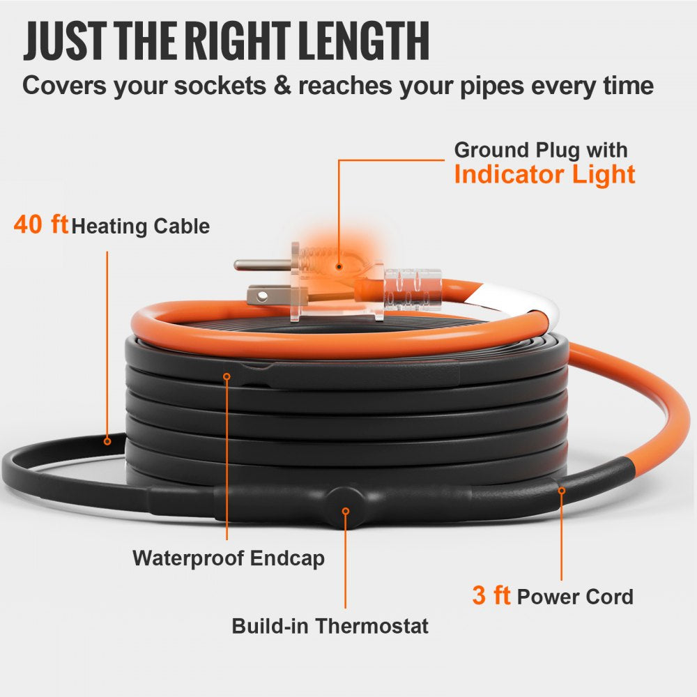 VEVOR Self-Regulating Pipe Heating Cable 40FT 5W/FT Heat Tape with Thermostat 