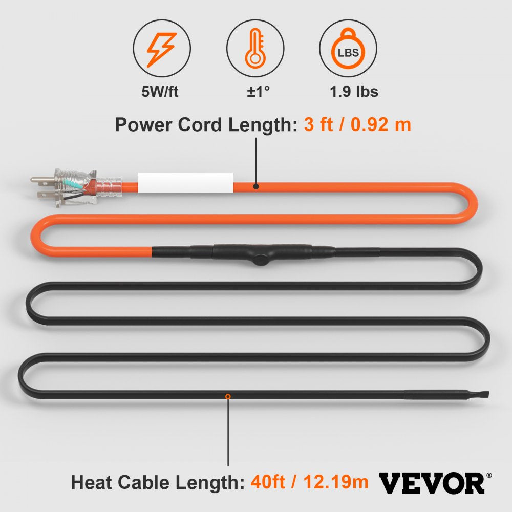 VEVOR Self-Regulating Pipe Heating Cable 40FT 5W/FT Heat Tape with Thermostat 