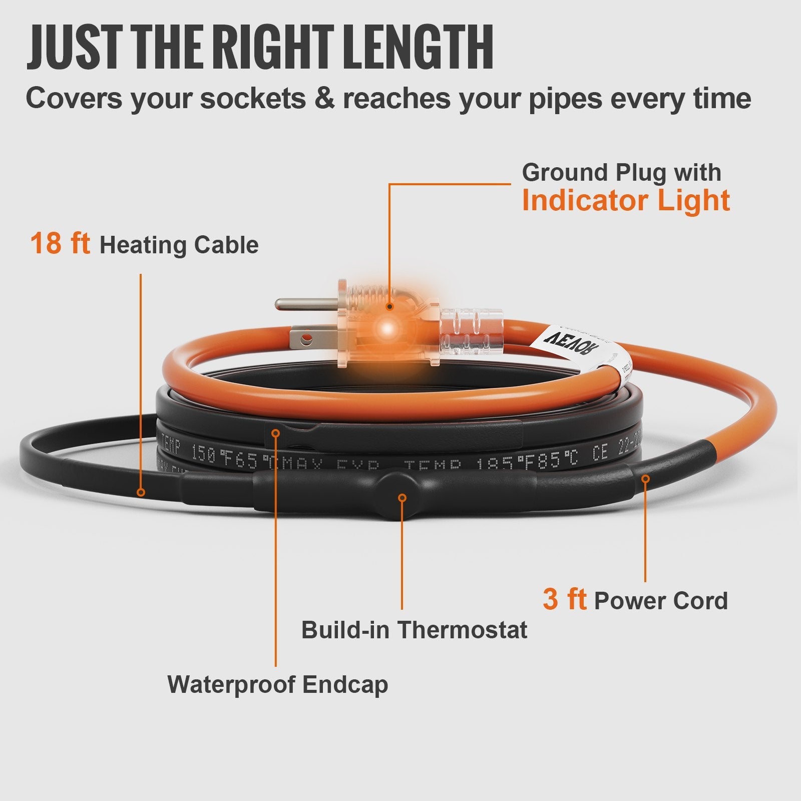 VEVOR Self-Regulating Pipe Heating Cable, 18-feet 5W/ft Heat Tape for Pipes Freeze Protection, Protects PVC Hose, Metal and Plastic Pipe from Freezing, 120V 
