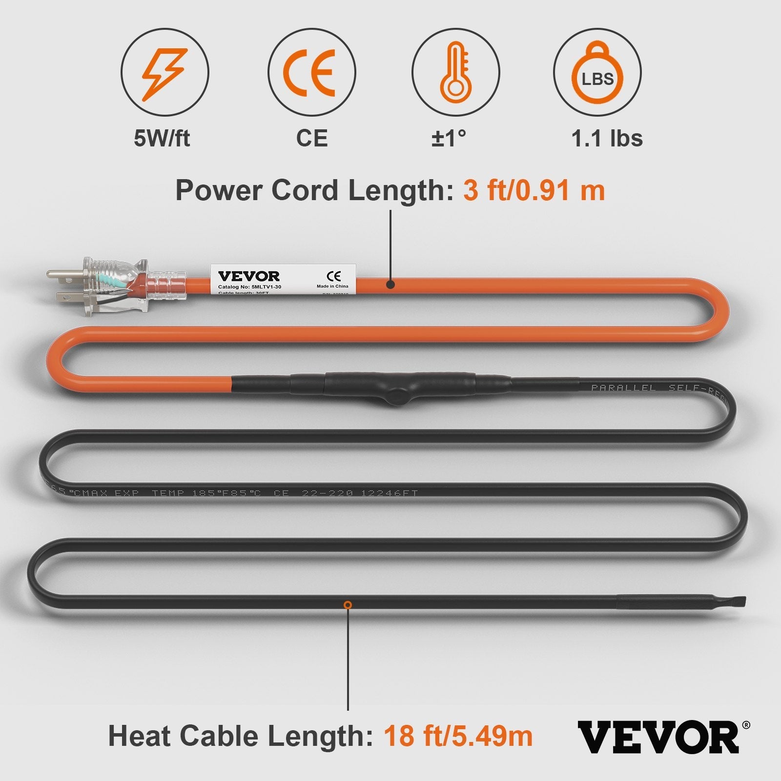 VEVOR Self-Regulating Pipe Heating Cable, 18-feet 5W/ft Heat Tape for Pipes Freeze Protection, Protects PVC Hose, Metal and Plastic Pipe from Freezing, 120V 