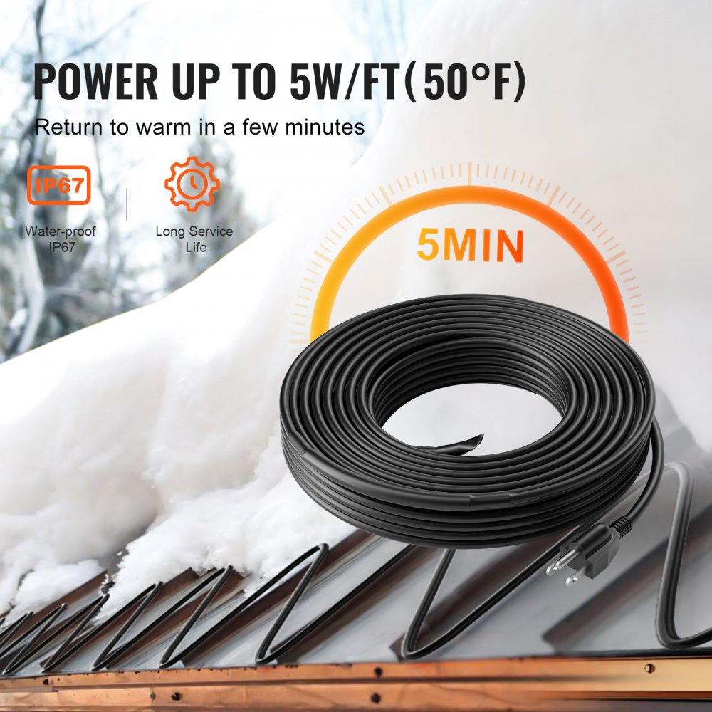 VEVOR Self-Regulating Pipe Heating Cable 24FT 5W/FT Heat Tape for Pipes Roof 