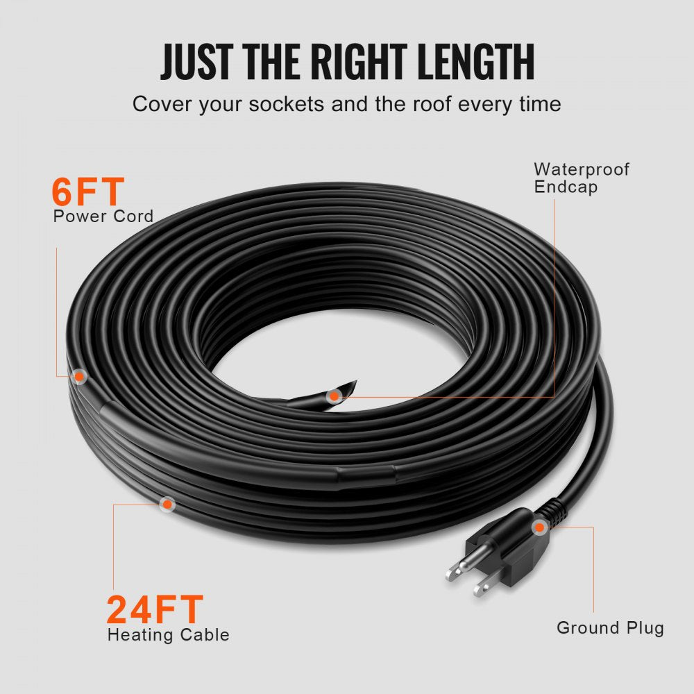 VEVOR Self-Regulating Pipe Heating Cable 24FT 5W/FT Heat Tape for Pipes Roof 