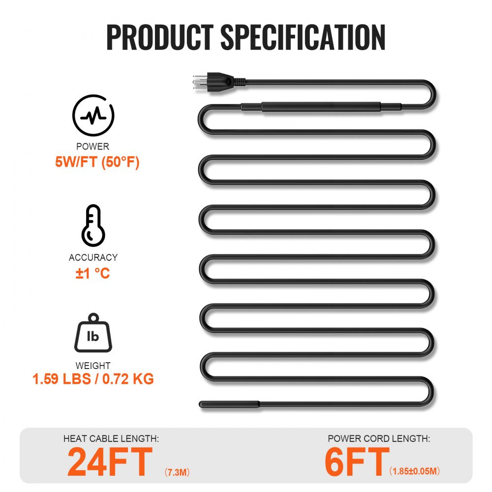 VEVOR Self-Regulating Pipe Heating Cable 24FT 5W/FT Heat Tape for Pipes Roof 