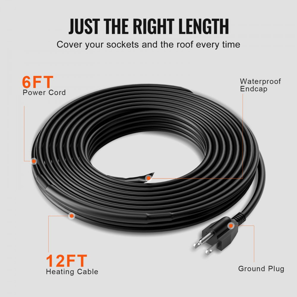VEVOR Self-Regulating Pipe Heating Cable 12FT 5W/FT Heat Tape for Pipes Roof 