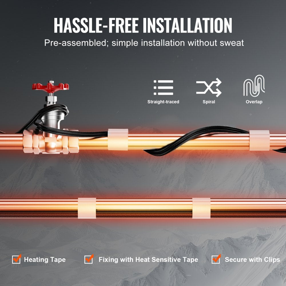 VEVOR Self-Regulating Pipe Heating Cable 12FT 5W/FT Heat Tape for Pipes Roof 