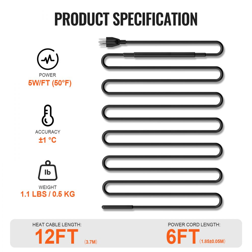 VEVOR Self-Regulating Pipe Heating Cable 12FT 5W/FT Heat Tape for Pipes Roof 