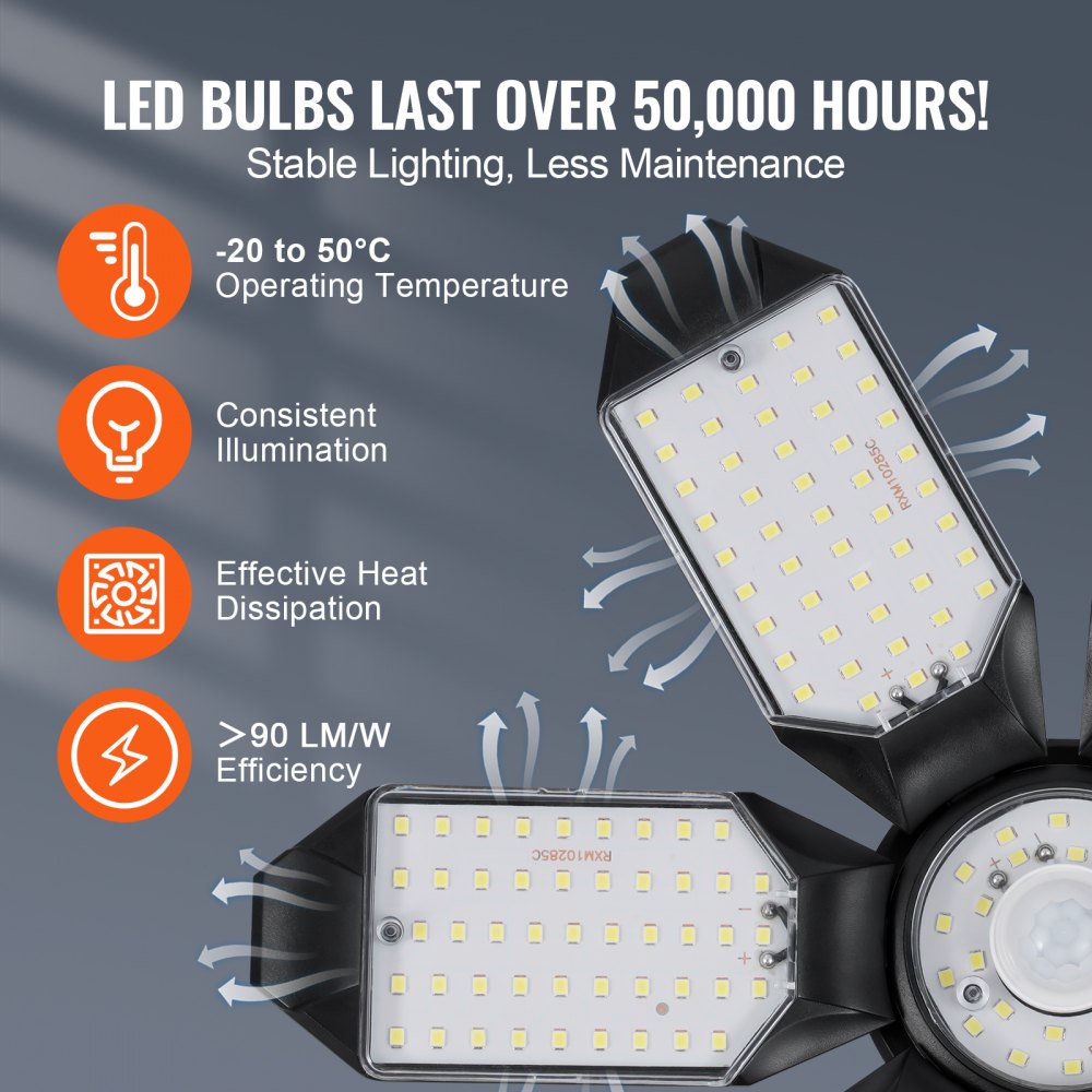 VEVOR LED Garage Light 15000LM 2 Packs Deformable Bright Shop Ceiling Light 