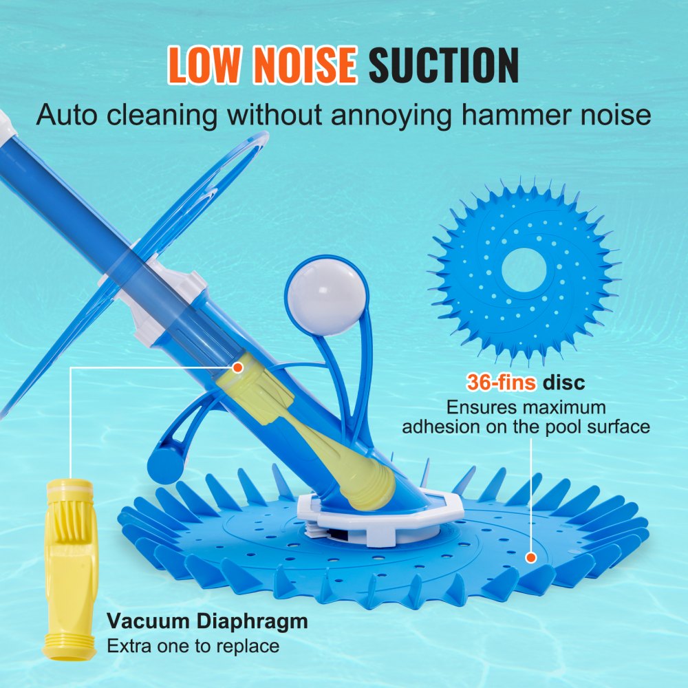 VEVOR Automatic Suction Pool Cleaner, Low Noise Pool Vacuum Cleaner with Extra Diaphragm, 10 x 32 in Hoses & 36-Fin Disc, Side Climbing Pool Cleaners for Above-Ground & In-ground Swimming Pool 