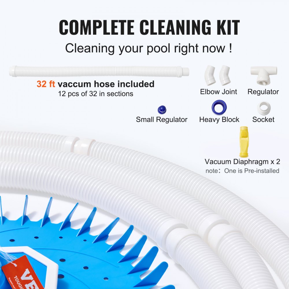 VEVOR Automatic Suction Pool Cleaner, Low Noise Pool Vacuum Cleaner with Extra Diaphragm, 10 x 32 in Hoses & 36-Fin Disc, Side Climbing Pool Cleaners for Above-Ground & In-ground Swimming Pool 