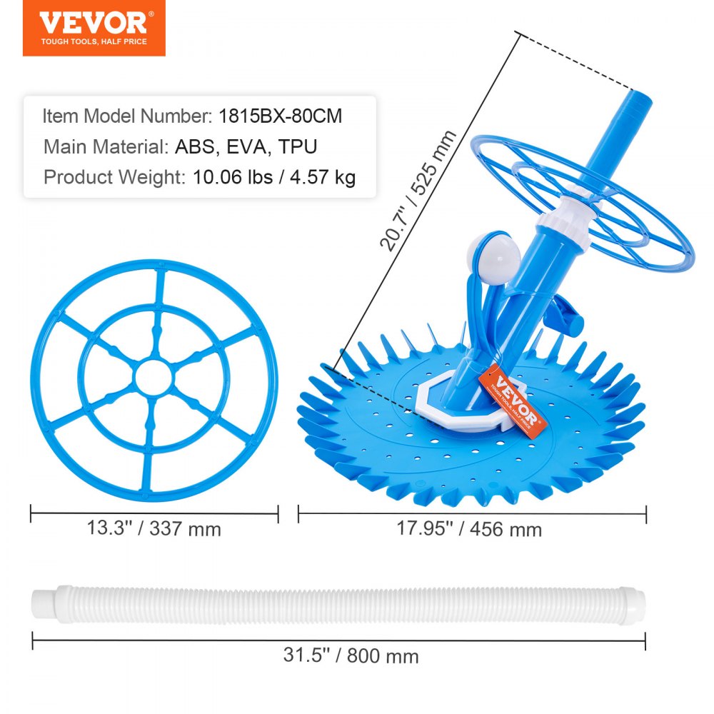 VEVOR Automatic Suction Pool Cleaner, Low Noise Pool Vacuum Cleaner with Extra Diaphragm, 10 x 32 in Hoses & 36-Fin Disc, Side Climbing Pool Cleaners for Above-Ground & In-ground Swimming Pool 
