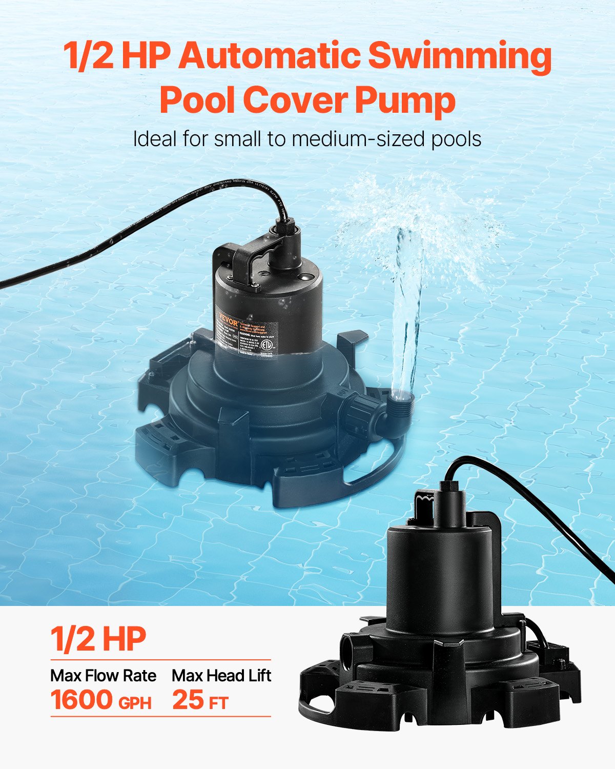 VEVOR Automatic Pool Cover Pump Submersible Swimming 1/2 HP 1600 GPH 25 ft Cord 