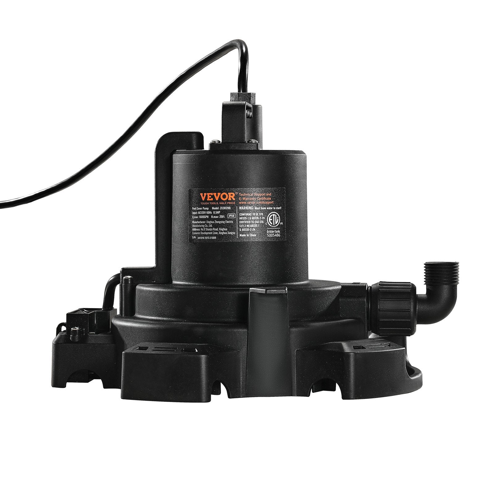 VEVOR Automatic Pool Cover Pump Submersible Swimming 1/2 HP 1600 GPH 25 ft Cord 