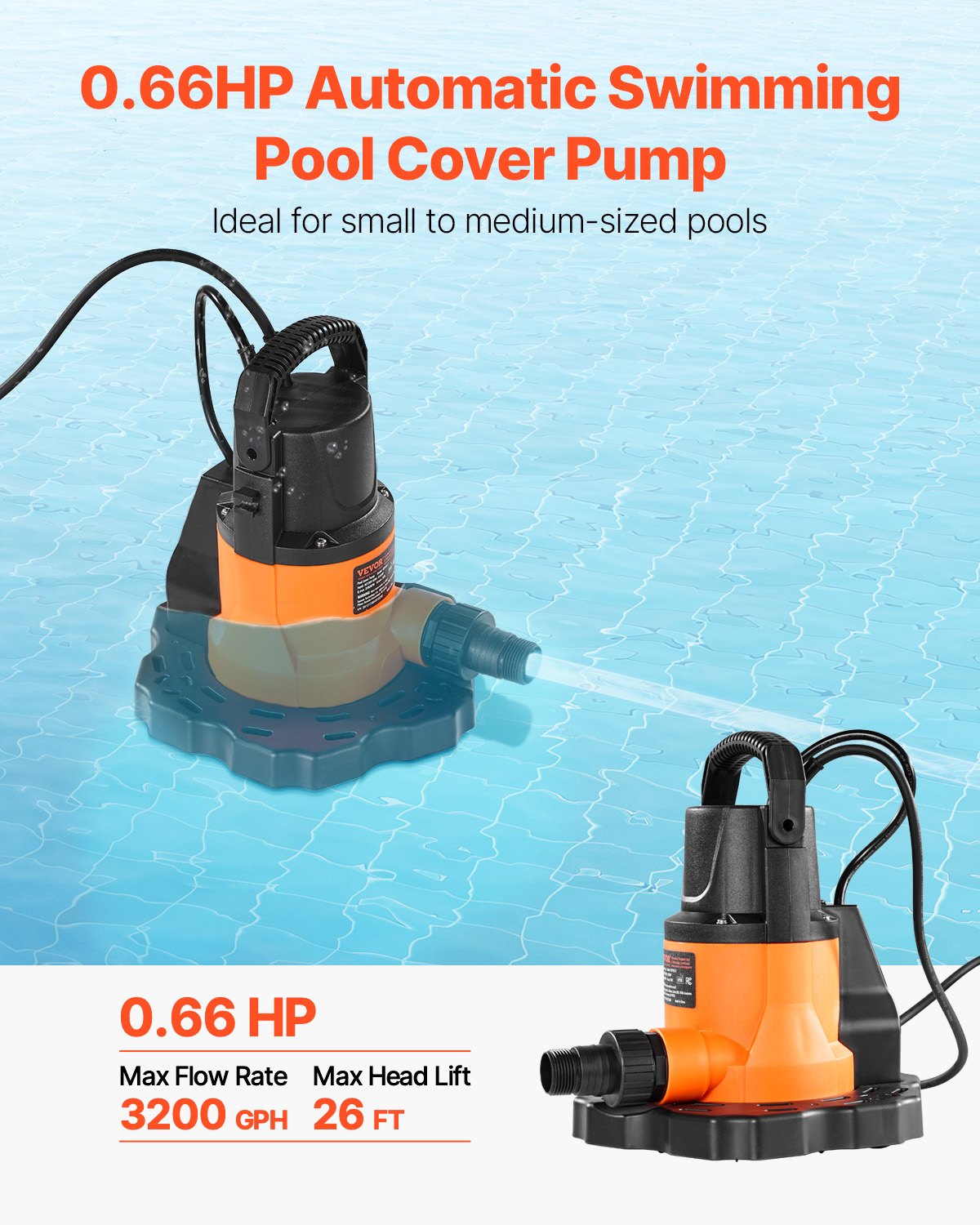 VEVOR Automatic Pool Cover Pump Submersible Swimming 0.66 HP 3200 GPH 25 ft Cord 