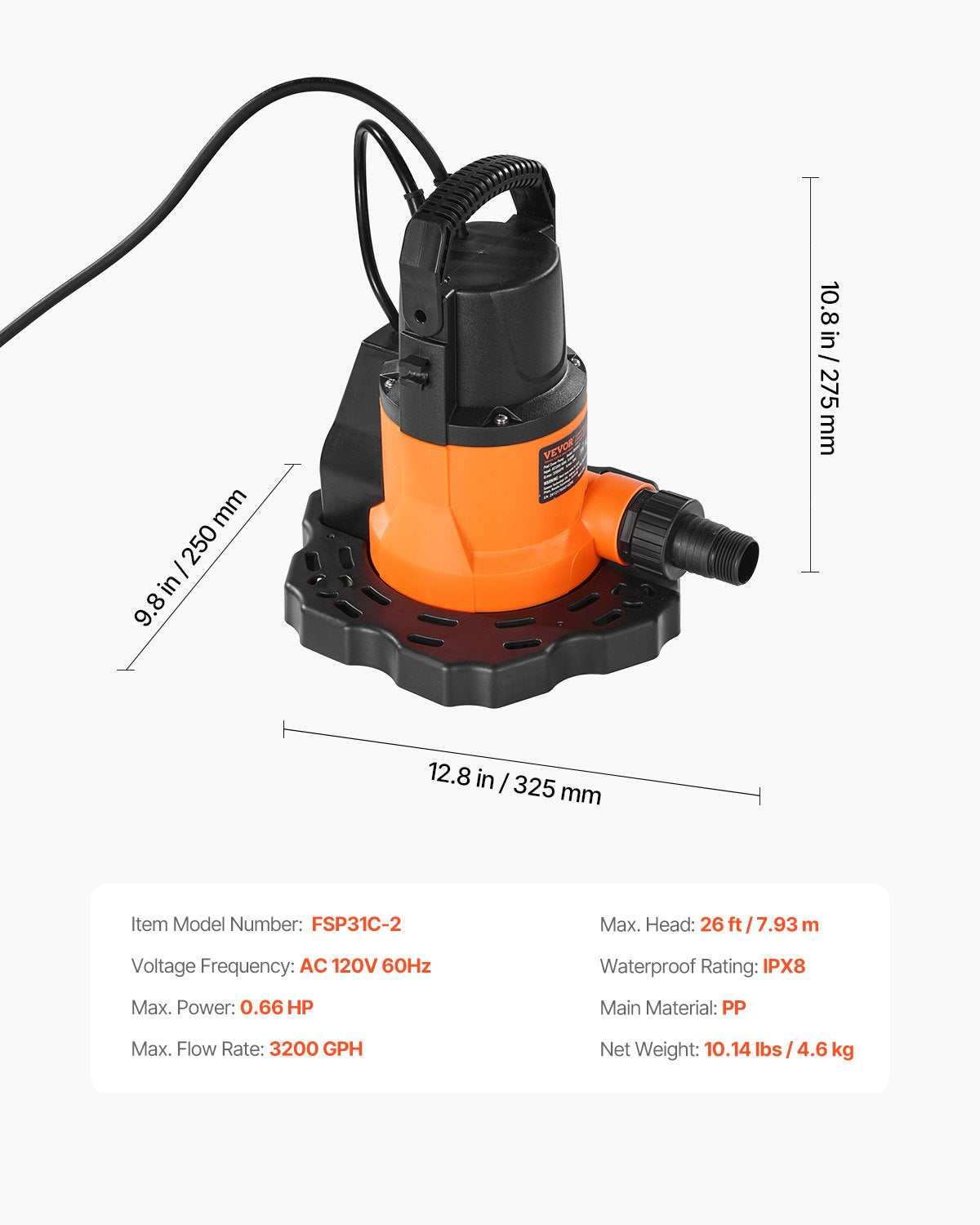 VEVOR Automatic Pool Cover Pump Submersible Swimming 0.66 HP 3200 GPH 25 ft Cord 