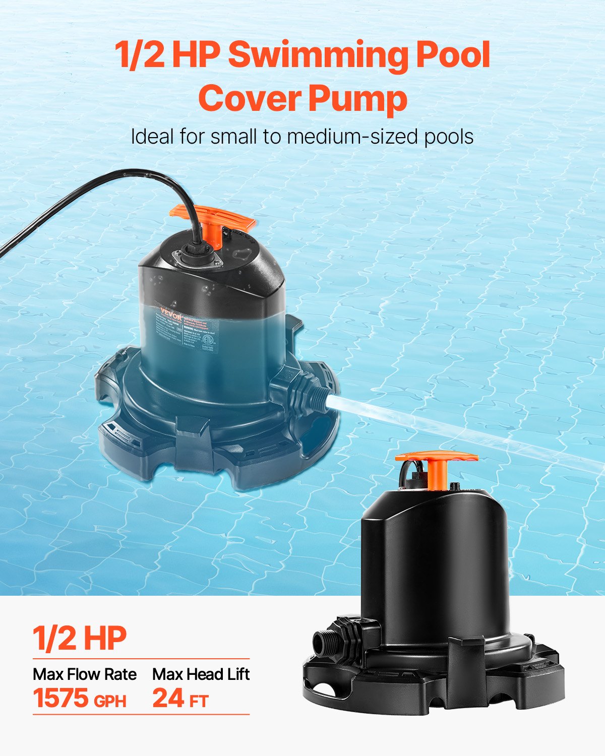 VEVOR Pool Cover Pump Submersible Swimming 1/2 HP 1575 GPH with 25 ft Power Cord 