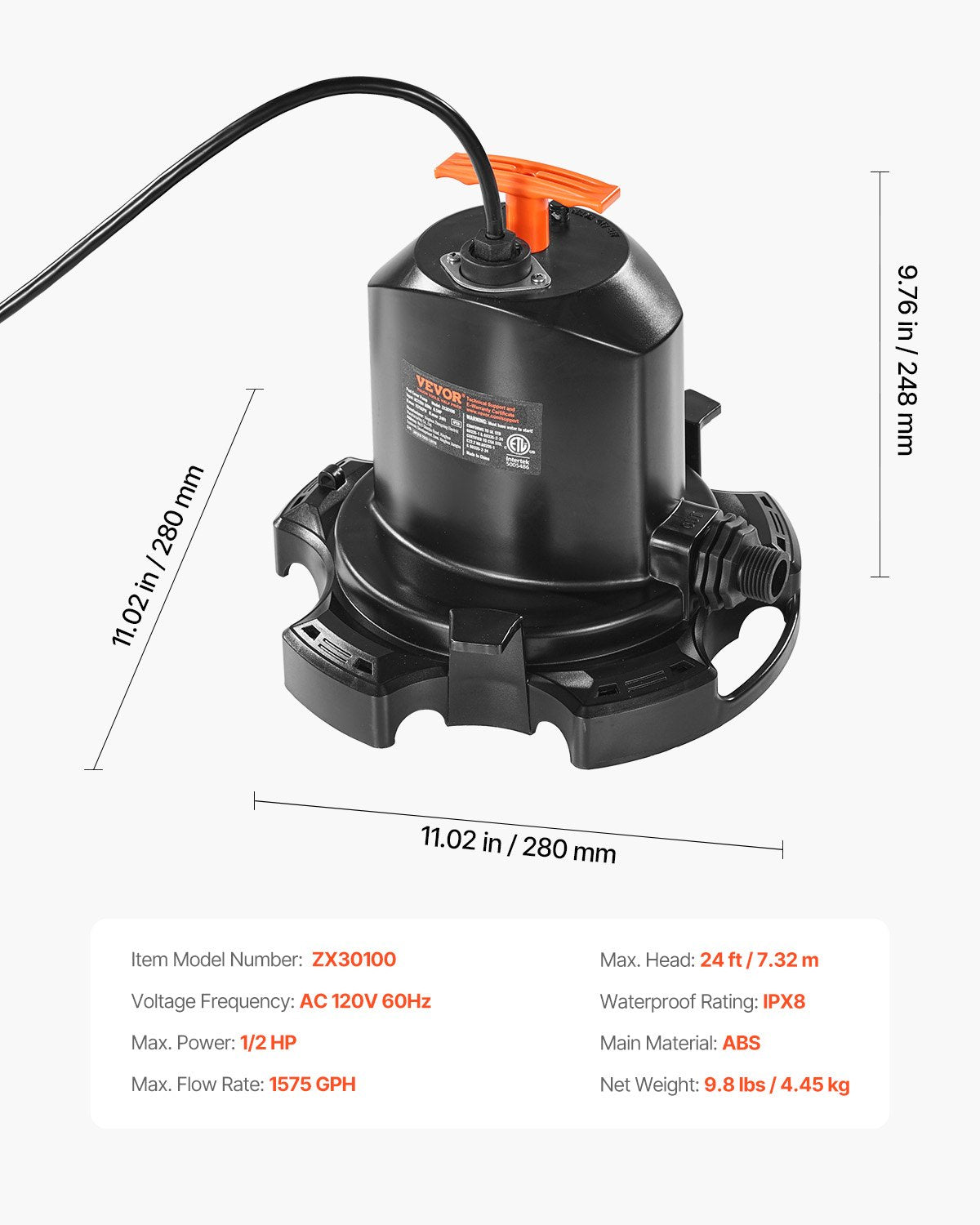 VEVOR Pool Cover Pump Submersible Swimming 1/2 HP 1575 GPH with 25 ft Power Cord 
