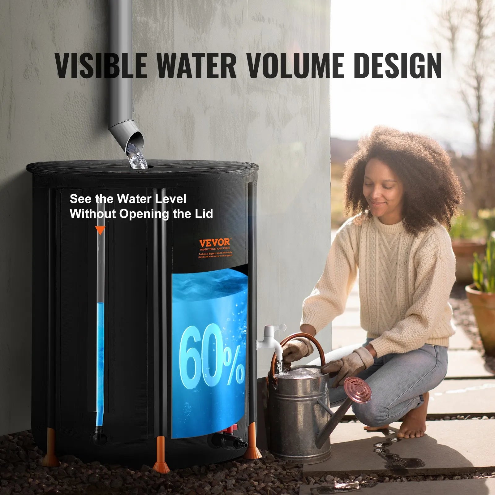 VEVOR Collapsible Rain Barrel 53 Gal Rain Catcher with Spigots and Overflow Kit