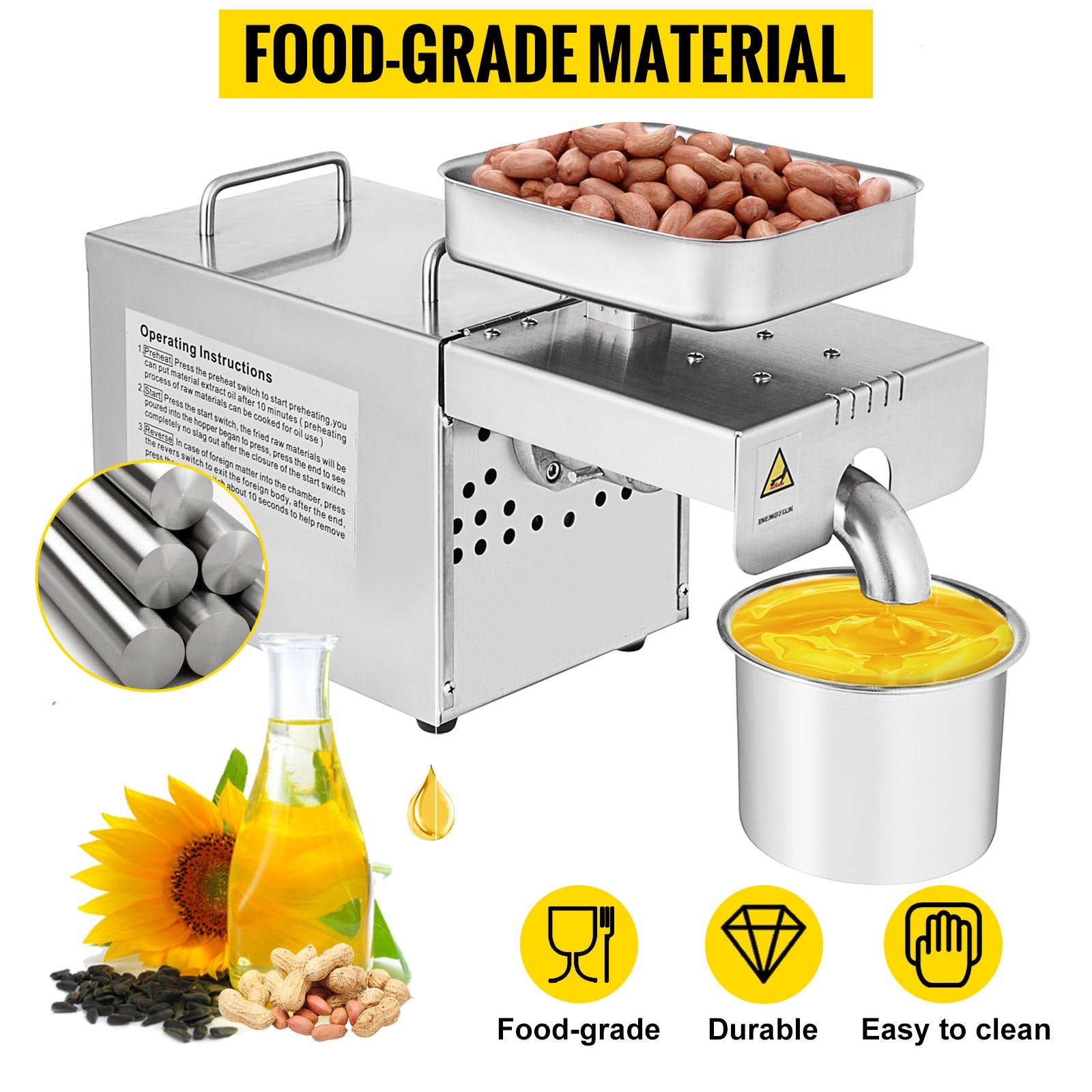 High Quality Multifunctional Automatic Small Oil Press Machine 304# Food Grade Stainless Steel Oil Expeller 