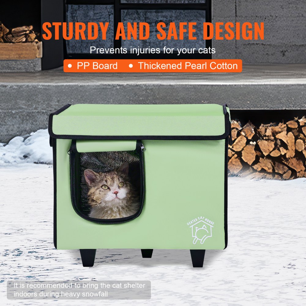VEVOR Elevated Heated Cat House Cuboid Kitty Shelter with Heated Pad Green (S) 