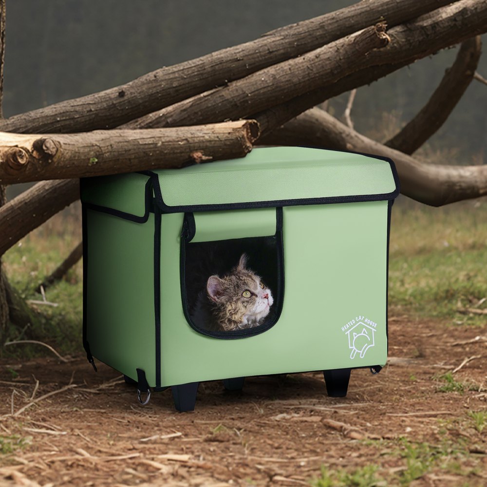 VEVOR Elevated Heated Cat House Cuboid Kitty Shelter with Heated Pad Green (S) 
