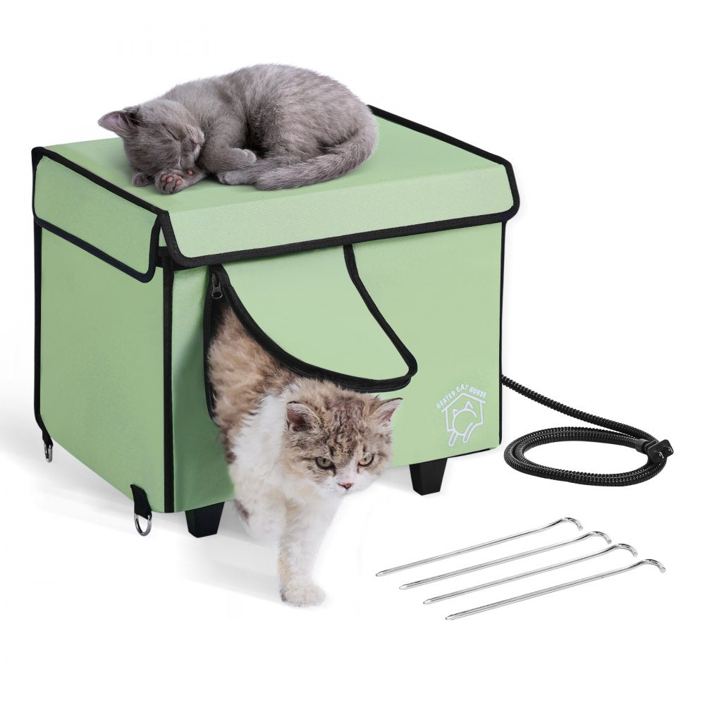 VEVOR Elevated Heated Cat House Cuboid Kitty Shelter with Heated Pad Green (S) 