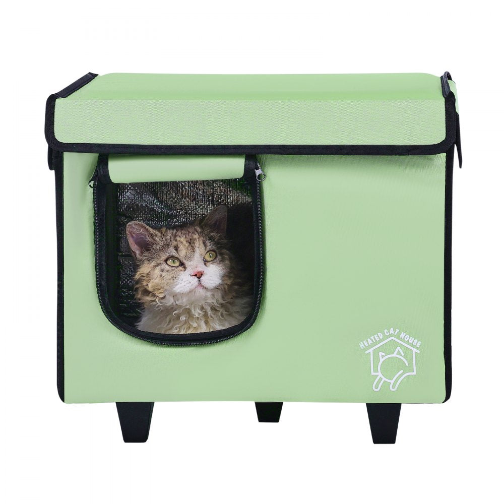 VEVOR Elevated Heated Cat House Cuboid Kitty Shelter with Heated Pad Green (S) 
