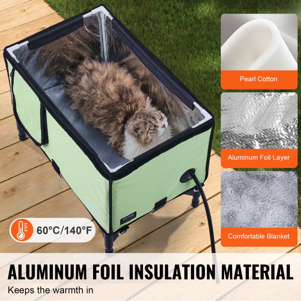 VEVOR Elevated Heated Cat House Cuboid Kitty Shelter with Heated Pad Green (M) 