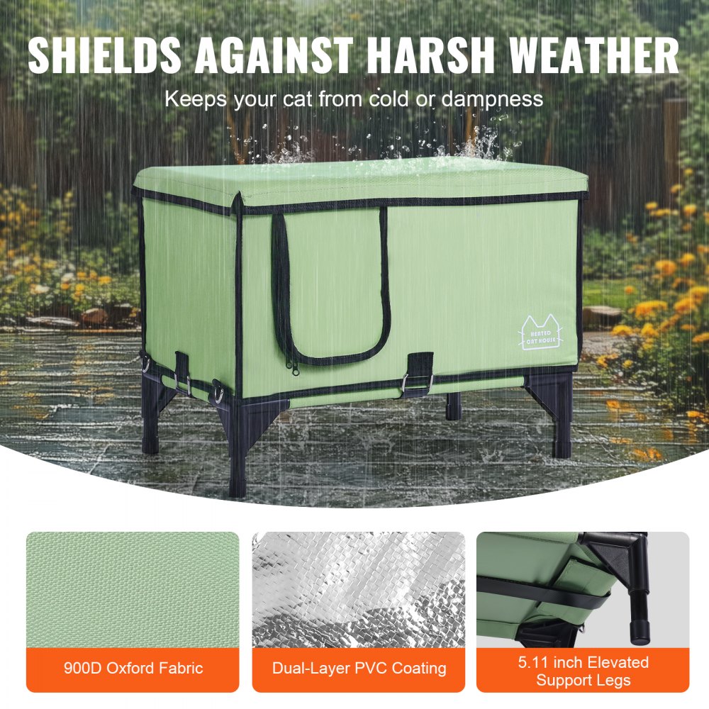 VEVOR Elevated Heated Cat House Cuboid Kitty Shelter with Heated Pad Green (M) 