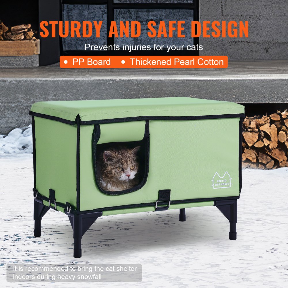 VEVOR Elevated Heated Cat House Cuboid Kitty Shelter with Heated Pad Green (M) 