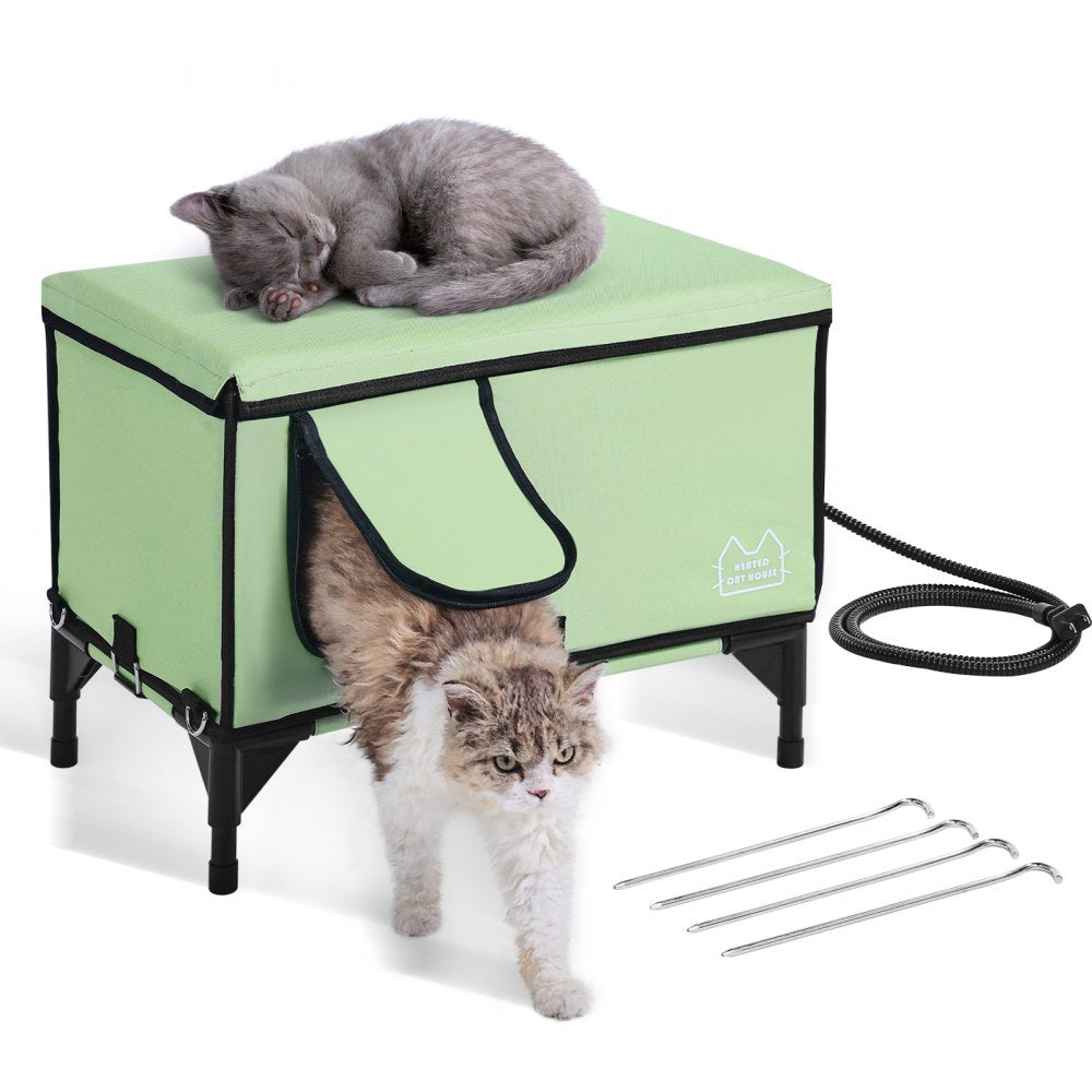 VEVOR Elevated Heated Cat House Cuboid Kitty Shelter with Heated Pad Green (M) 