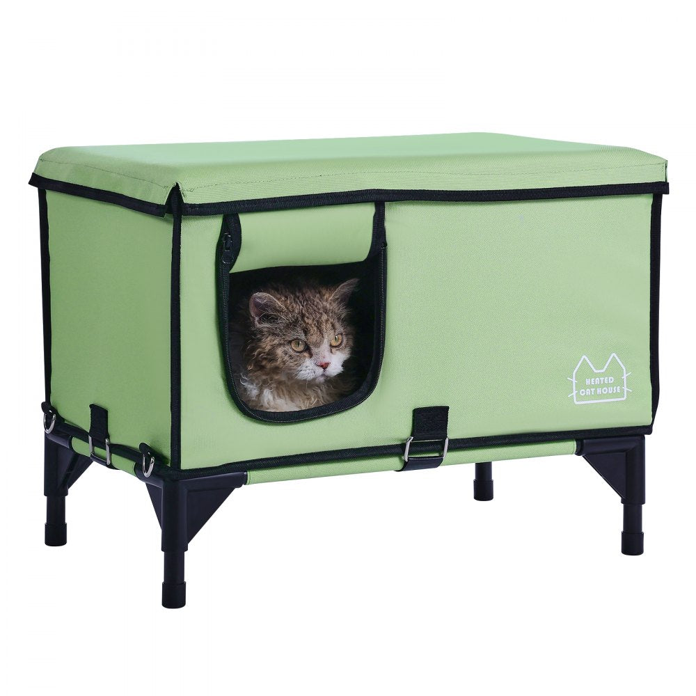 VEVOR Elevated Heated Cat House Cuboid Kitty Shelter with Heated Pad Green (M) 