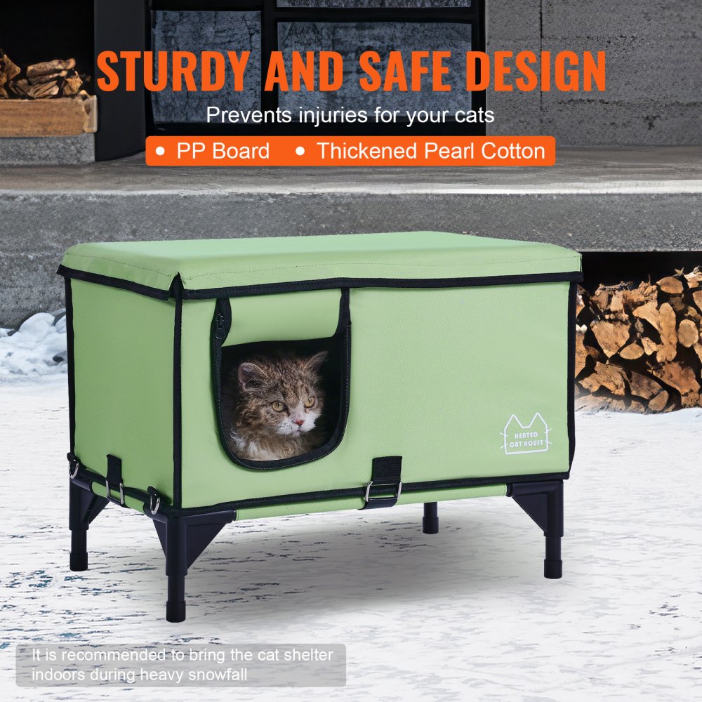 VEVOR Elevated Heated Cat House Cuboid Kitty Shelter with Heated Pad Green (L) 