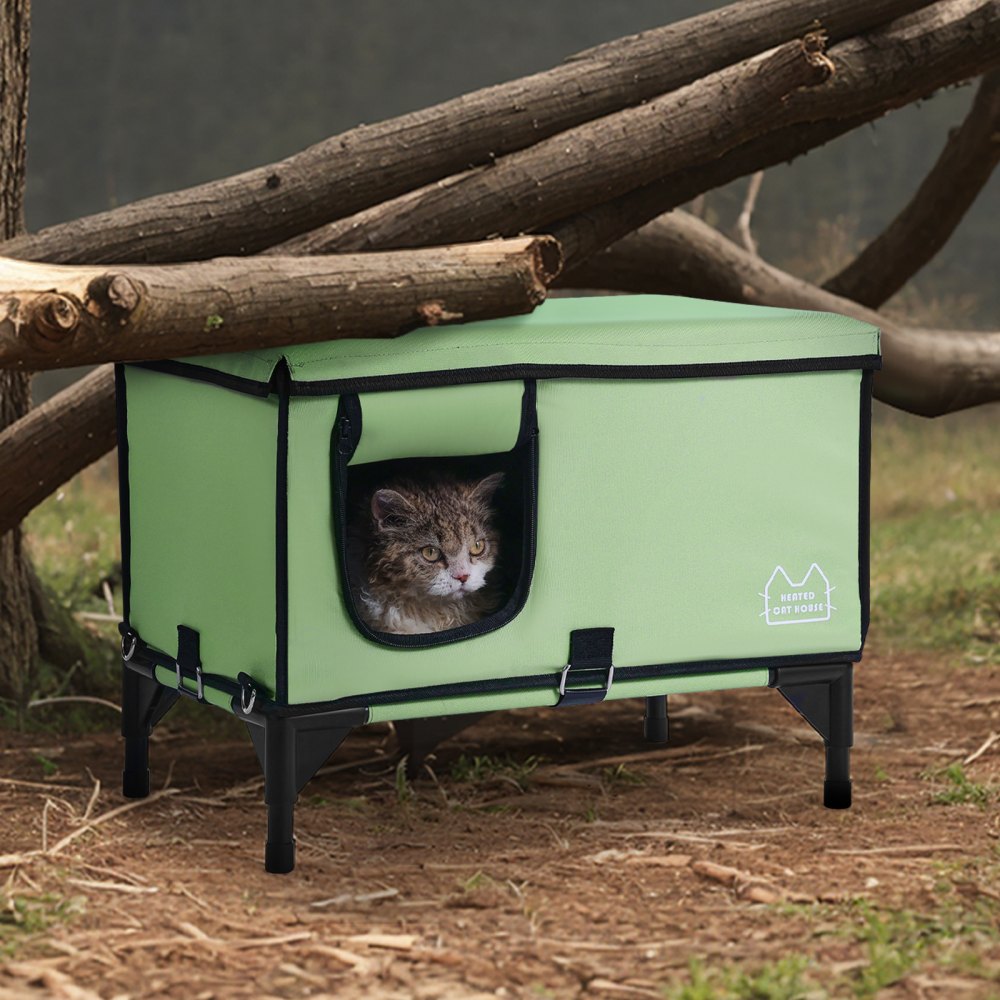 VEVOR Elevated Heated Cat House Cuboid Kitty Shelter with Heated Pad Green (L) 