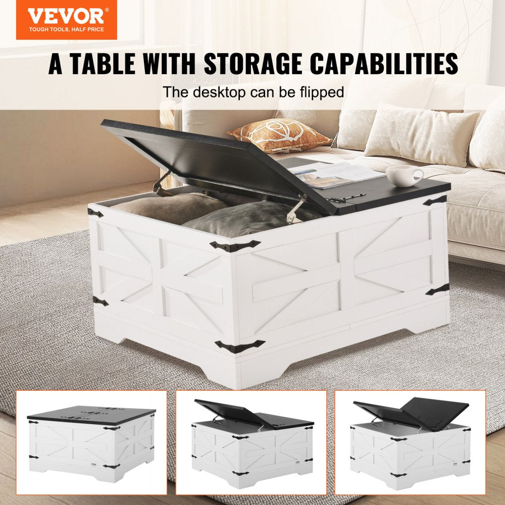 VEVOR 31.5" Farmhouse Coffee Table Hinged Square Table with Storage Gray & White 