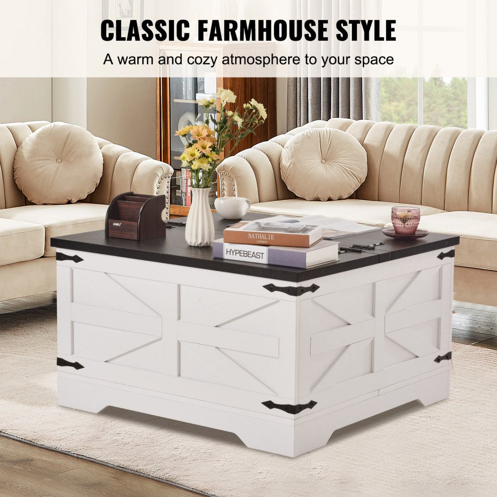 VEVOR 31.5" Farmhouse Coffee Table Hinged Square Table with Storage Gray & White 