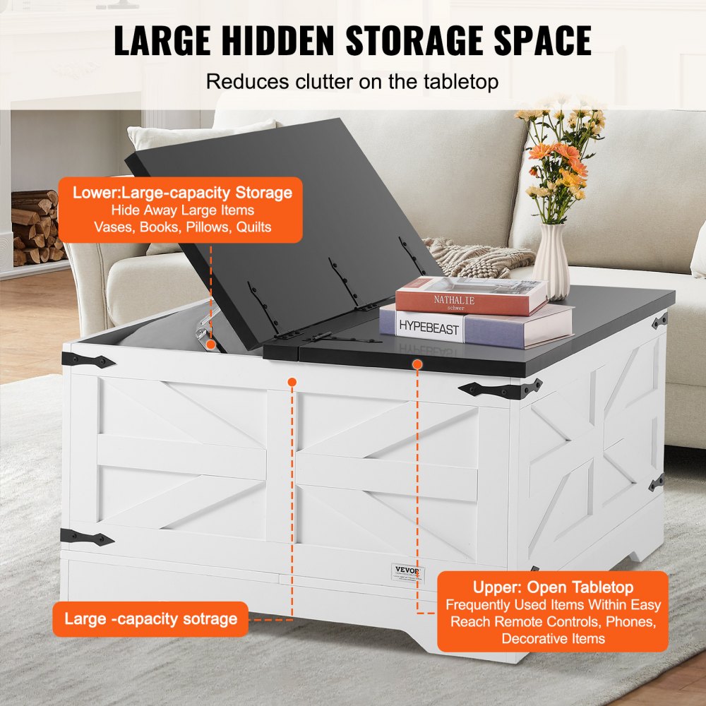 VEVOR 31.5" Farmhouse Coffee Table Hinged Square Table with Storage Gray & White 