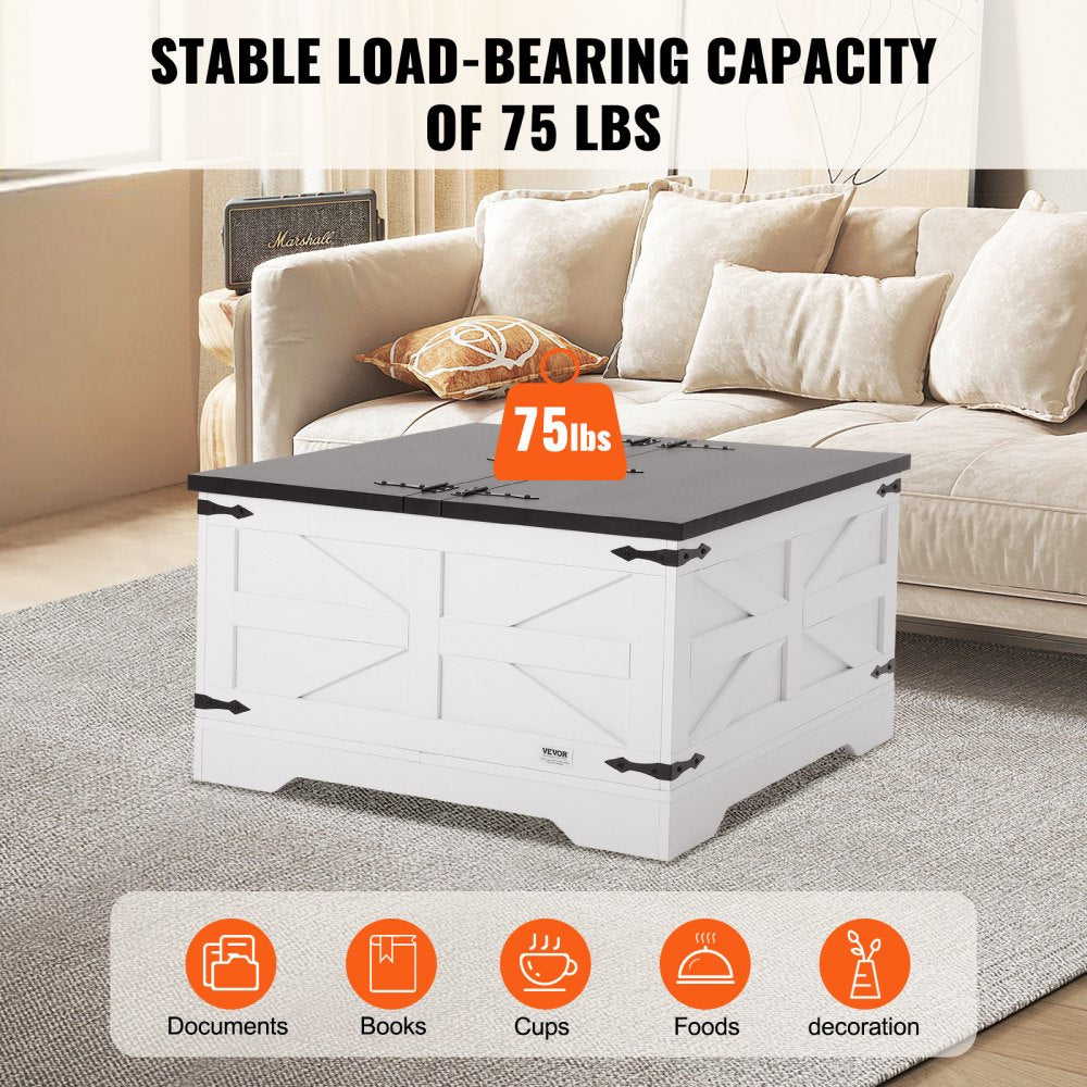 VEVOR 31.5" Farmhouse Coffee Table Hinged Square Table with Storage Gray & White 