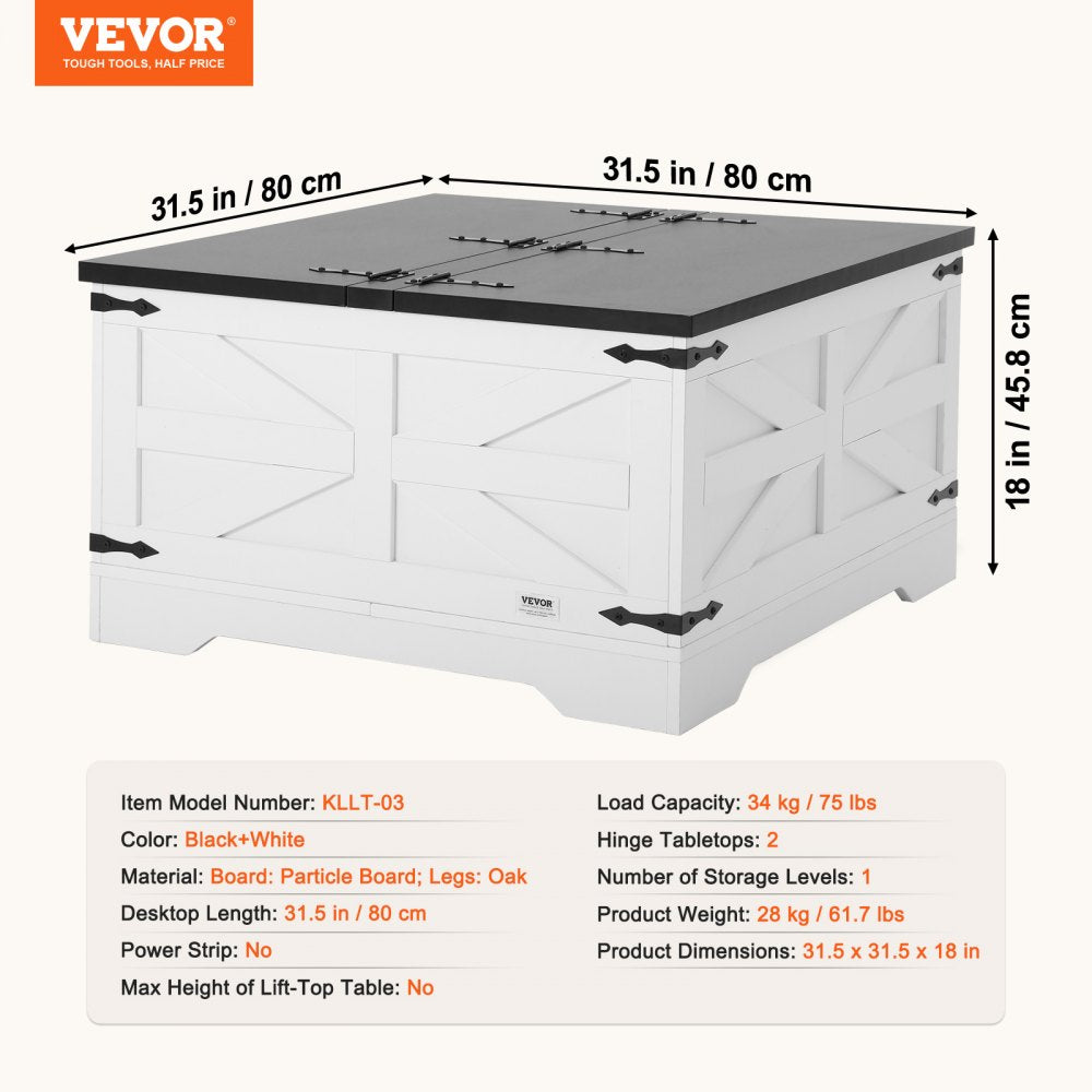 VEVOR 31.5" Farmhouse Coffee Table Hinged Square Table with Storage Gray & White 
