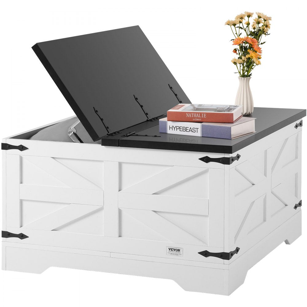 VEVOR 31.5" Farmhouse Coffee Table Hinged Square Table with Storage Gray & White 