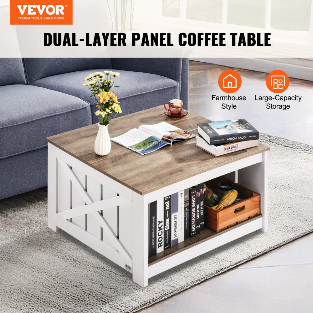 VEVOR 31.5" Farmhouse Coffee Table Square Table with Open Storage Compartment 