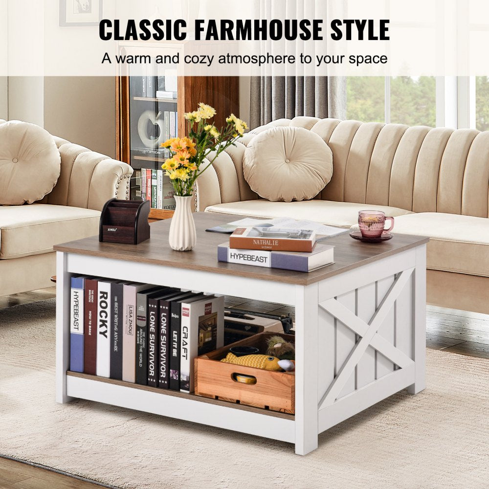 VEVOR 31.5" Farmhouse Coffee Table Square Table with Open Storage Compartment 
