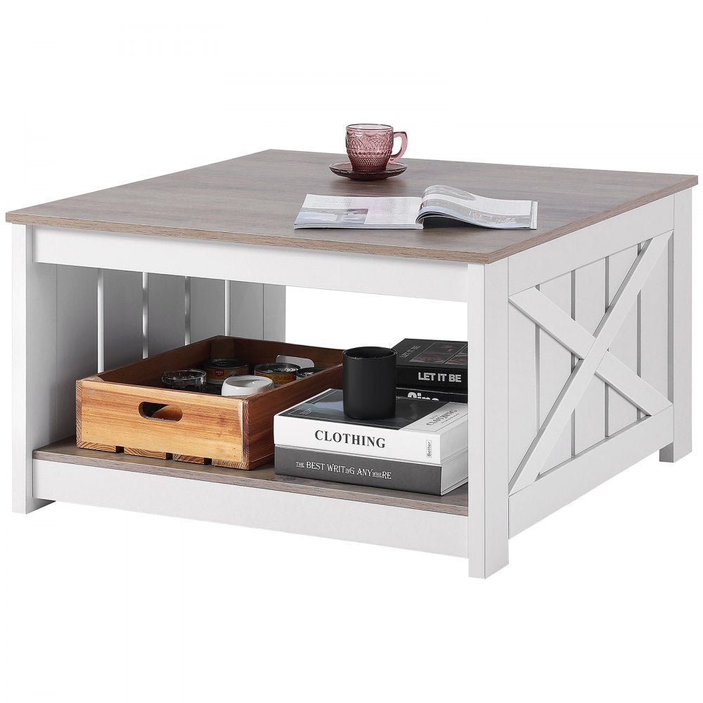 VEVOR 31.5" Farmhouse Coffee Table Square Table with Open Storage Compartment 